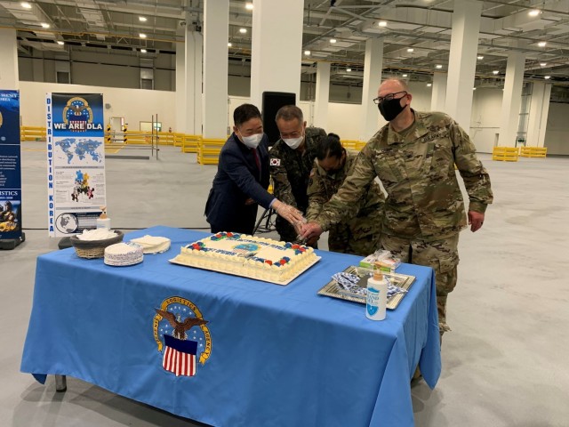 (From right to left) Christopher Crary, U.S. Army Corps of Engineers, Far East District commander; Lt. Col. Corinne F. McClellan, Defense Logistics Agency Distribution Korea commander; Col. Pak Gyeong-min, Chief of U.S. Forces Korea Construction...