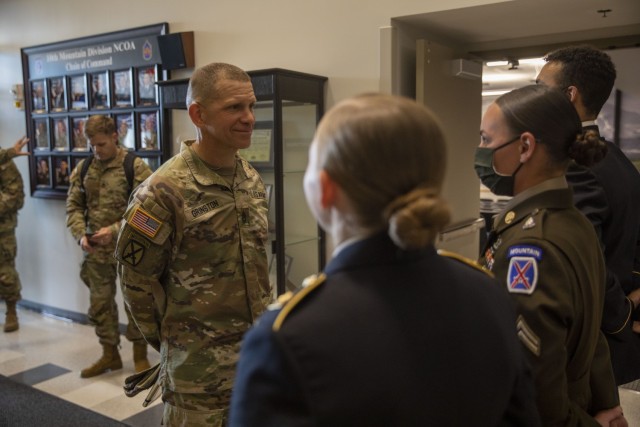 The 16th Sgt. Maj. of the Army, Michael Grinston, meets with Soldiers at Fort Drum’s Noncommissioned Officer Academy at Fort Drum, NY, on Jun. 2, 2021.