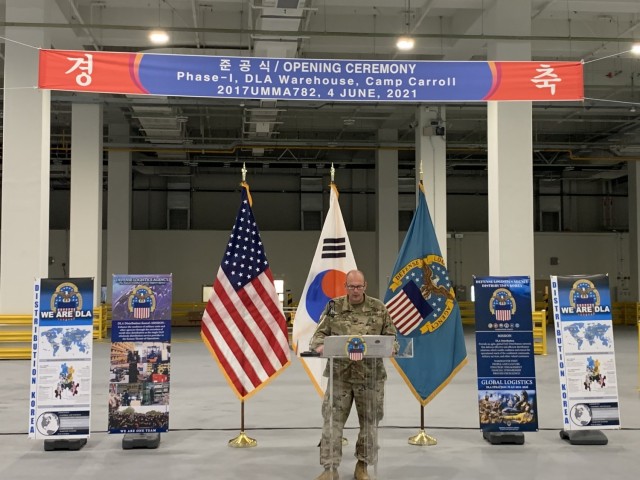 Christopher Crary, U.S. Army Corps of Engineers, Far East District commander makes remarks during the soft opening ceremony for a new warehouse at Camp Carroll, Daegu, Republic of Korea, June 4, 2021. The two-story, 250,000-square-foot warehouse...