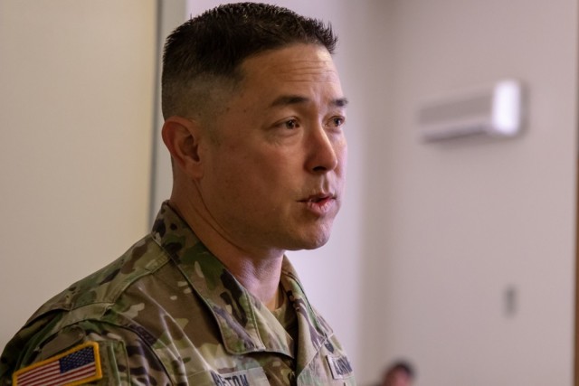 Command Sgt. Maj. Stephen Helton, 7th Infantry Division Command Sergeant Major, visits the 16th Combat Aviation Brigade Raptor Resiliency Center, at Joint Base Lewis-McChord, Wash., June 26, 2018. Staff Sgt. Vanessa Alvarado, 16th CAB Religous Affairs NCO, gave Helton a tour of the Raptor Resiliency Center and informed him of the services provided in the facility. She also received an excellence coin from Helton. Afterwards, Helton spoke with the Senior Non-Commissioned Officers in leadership positions within the brigade for their professional development. (U.S. Army photos by Staff Sgt. Maricris C. McLane)
