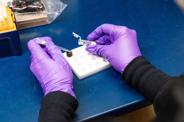 Army journeyman fellow Meaghan Adler loads some fungus into a micro-test tube for subsequent lysis (breaking cells open to release their contents) using sound waves. 