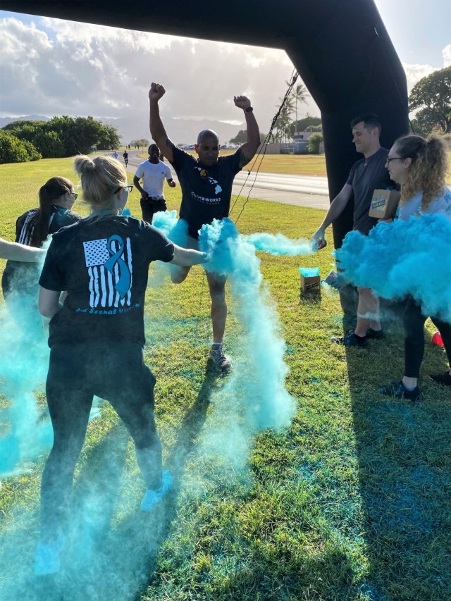 Throughout the month of April, the 311th Signal Command Theater, SC (T) and the 516th Signal Battalion (SB) teams observed SAAPM with numerous events including a 24-hour run/walk.  
(Photo by Alyxandria Paslay, 516th Signal Brigade, Victim Advocate)