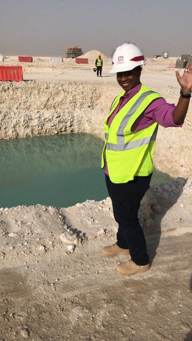 Transatlantic Middle East District Program Manager Kim Sanders visiting the site of one of her projects in the State of Qatar.