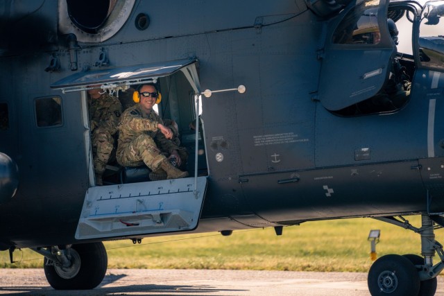 U.S. Army attack helicopter pilots of the 12th Combat Aviation Brigade, spin up for an orientation flight in a Mi-24 Hind helicopter with Hungarian Defense Force Col. Zoltán Rolukó at Szolnok Air Base, Hungary on June 3, 2021, during exercise...