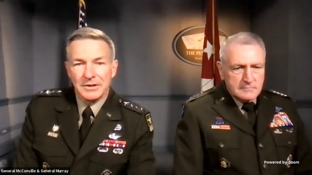 Army Chief of Staff Gen. James C. McConville, left, and Gen. John M. Murray, Army Futures Command commander, discuss how Project Convergence, a series of exercises designed to augment and accelerate joint multi-domain operations, will evolve in...