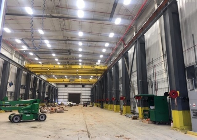 Construction work nears completion in the 20,000 square foot component repo shop, which is a part of the Defense Generator and Rail Center. 