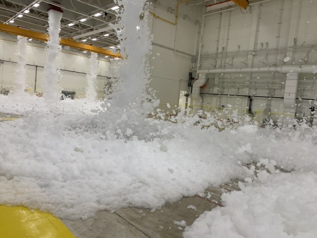 The Far East District engineer team passed a major milestone in the construction of project AV051 CY16 ROKFC In-Kind, A05R507, 3rd Military Intelligence Aircraft Maintenance Hangar Complex, by successfully completing a High Expansion Foam Dump...