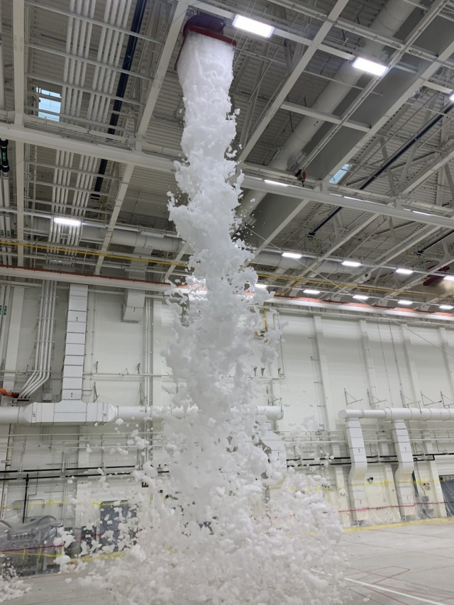 The Far East District engineer team passed a major milestone in the construction of project AV051 CY16 ROKFC In-Kind, A05R507, 3rd Military Intelligence Aircraft Maintenance Hangar Complex, by successfully completing a High Expansion Foam Dump...