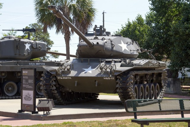 The M41A1 Walker Bulldog light tanks from the 27th Armored Division's (New York National Guard), 208th Tank Battalion sits outside the Basic Combat Training Museum on Fort Jackson. A retiree recently found it was the same tank he crewed in the 1950s.