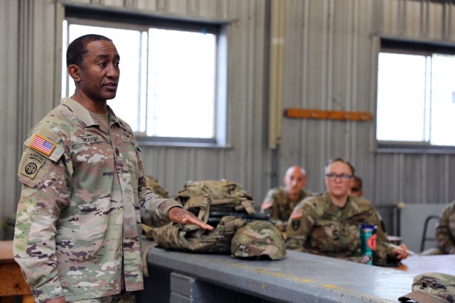 During a visit to Vilseck, Germany, Command Sgt. Maj. Diamond Hough, the Army Medical Command sergeant major, had a question and answer session with Soldiers assigned to U.S. Army Medical Department Activity Bavaria.