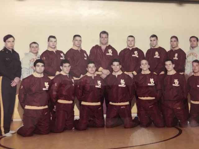 (Then) Cadet Masaracchia (fourth from left) with the Norwich wrestling team in 1990. 