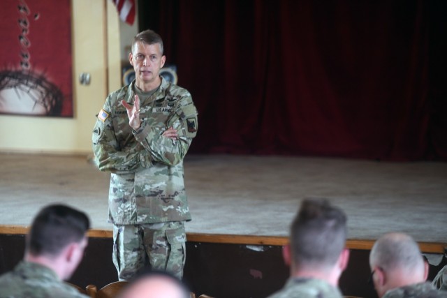 Army Gen. Daniel Hokanson, chief, National Guard Bureau, talks with troops at a town hall event, Powidz, Poland, June 12, 2021. (U.S. Army National Guard photo by Master Sgt. Jim Greenhill)