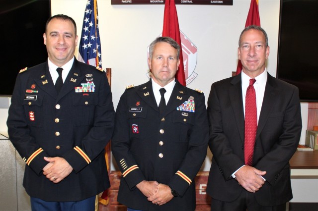 Lt. Col. Jeffrey M. Beeman, commander of the South Pacific Border District, Lt. Col. Sean Connelly, deputy commander, and Greg Hegge, deputy district engineer, stand for command photos following the SPB change of command ceremony held in Phoenix,...