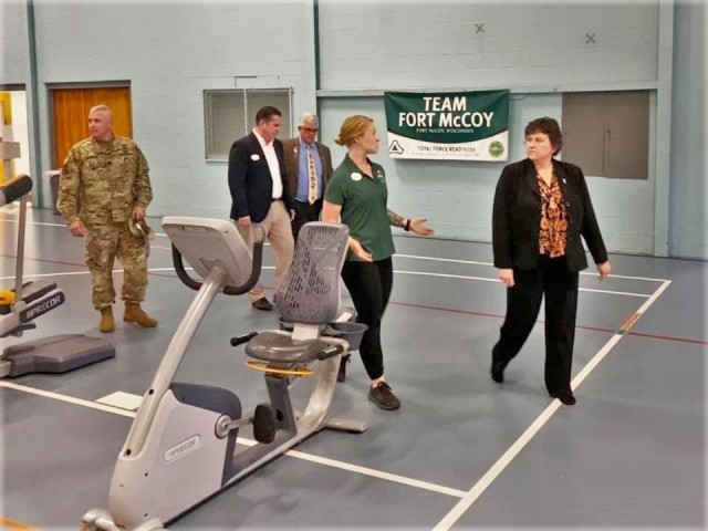 Brenda Lee McCullough, director of Installation Management Command (IMCOM)-Readiness, tours Rumpel Fitness Center on June 8, 2021, at Fort McCoy, Wis. McCullough and Command Sgt. Maj. Dan Dennison, IMCOM-Readiness command sergeant major, were...