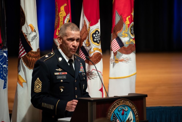 Sgt. Maj. of the Army Michael A. Grinston opens the Army&#39;s 246th birthday by providing his remarks at the Pentagon, Arlington, Va., June 14, 2021.