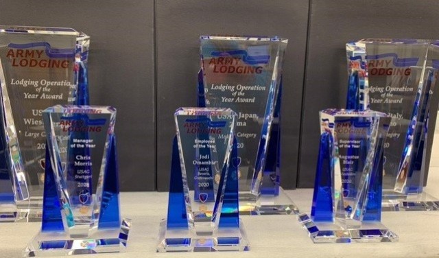 Trophies for the 2020 Army Lodging of the Year Awards