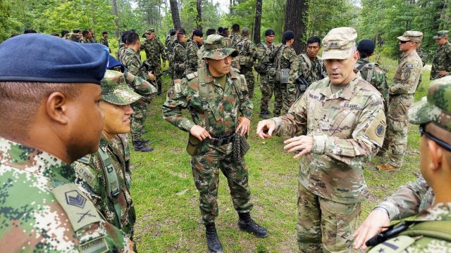 Maj. Gen. Daniel R. Walrath, right, U.S. Army South commanding general, greets Colombian soldiers during a visit to the Joint Readiness Training Center at Fort Polk, La., June 9, 2021. The Colombian Army is the second South American army to conduct bilateral training with a U.S. Army unit as part of a JRTC rotation.