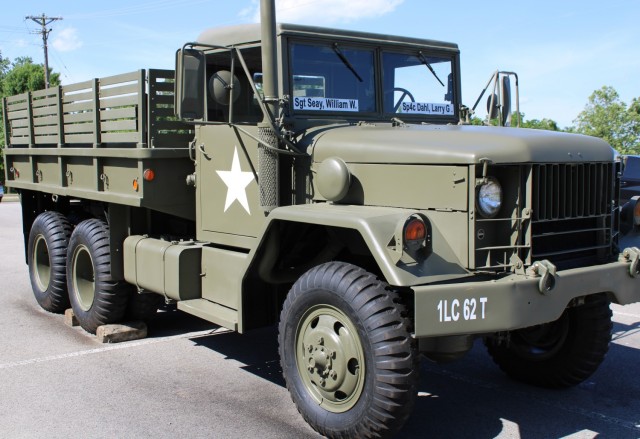 The refurbished M35A2 2 1/2 ton truck is unveiled outside of the 1st Theater Sustainment Command's Fowler Hall headquarters at Fort Knox, Kentucky on June 14. The newly refurbished truck is meant to serve as a tribute to everyone in the Logistics...