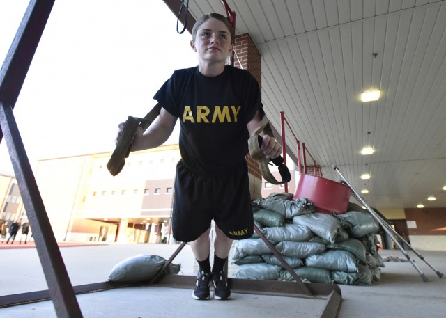Pvt. Breanna Hobson works out using a suspension system. Hobson is one of six trainees currently assigned to Company C, 35th Engineer Battalion, who perform exercises tailored to the limitations of their short-term injury profiles as part of a new...