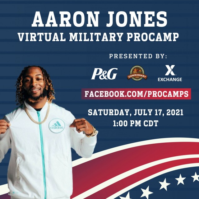 A flyer promotes the Virtual Military Youth Football Camp featuring Green Bay Packers running back Aaron Jones that will be hosted by the Fort Leonard Wood Commissary July 17.