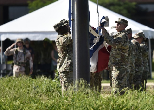 Soldiers from the Noncommissioned Officers Academy perform a Retreat Ceremony June 14 on MSCoE Plaza.