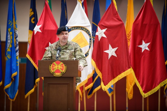 CAMP HUMPHREYS, Republic of Korea - Col. Seth C. Graves, the incoming garrison commander for United States Army Garrison Humphreys, addresses a crowd of Soldiers, civilians and community members, June 15, during a change of command ceremony formally beginning his leadership here. Graves noted the extensive leadership displayed by Col. Michael F. Tremblay, the outgoing garrison commander for USAG Humphreys, noting that he looked forward to continuing the work that the garrison and Tremblay have done. 