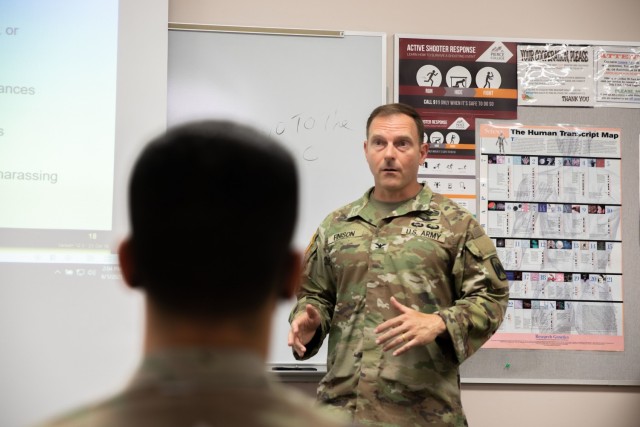 Col. D. Shane Finison, the 16th Combat Aviation Brigade commander, speaks during the 16th CAB Sexual Harassment/Assault Response and Prevention Ambassador course at Stone Education Center, Joint Base Lewis-McChord, Wash., June 1, 2021. The SHARP Ambassador course provided Soldiers across the formation with necessary training and resources to prevent and respond to SHARP incidents as a first line of defense and build a culture of trust, dignity, and respect within the ranks.