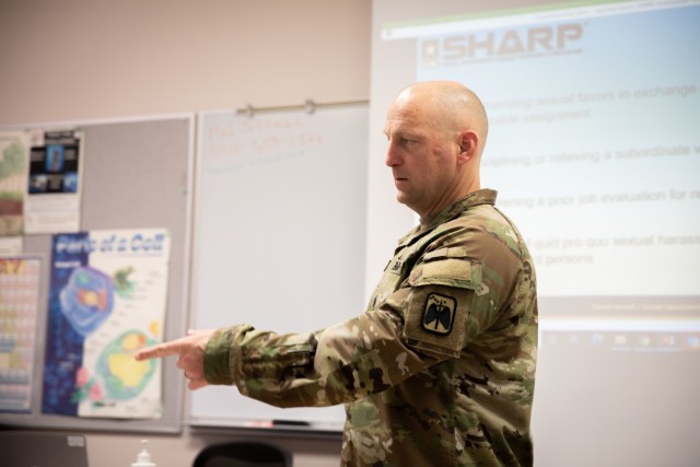 Command Sgt. Major Jose Perez, the 16th Combat Aviation Brigade command sergeant major, speaks during the 16th CAB Sexual Harassment/Assault Response and Prevention Ambassador course at Stone Education Center, Joint Base Lewis-McChord, Wash., June 1, 2021. The SHARP Ambassador course provided Soldiers across the formation with necessary training and resources to prevent and respond to SHARP incidents as a first line of defense and build a culture of trust, dignity, and respect within the ranks.