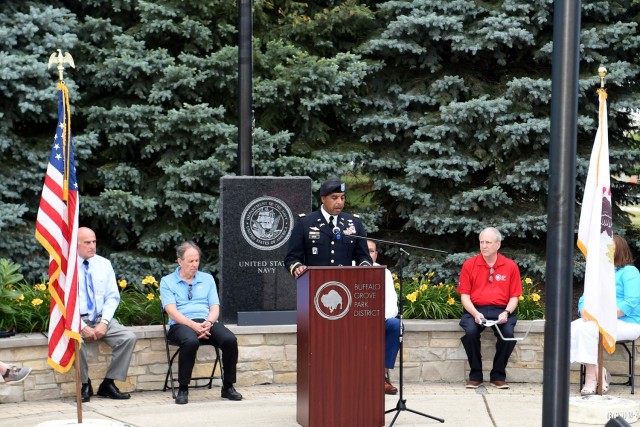 Lt. Col. Keith A. Cowan, 3rd Battalion, 335 Infantry Regiment, 85th U.S. Army Reserve Support Command, delivers remarks during the Village of Buffalo Grove Flag Day commemoration, June 14, 2021.