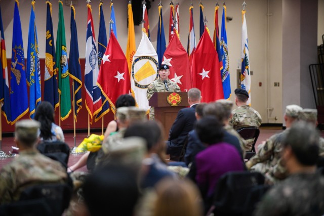 CAMP HUMPHREYS, Republic of Korea - Col. Michael F. Tremblay, the outgoing garrison commander of United States Army Garrison Humphreys, addresses a crowd of Soldiers, civilians and community members during his change of command ceremony here, June 15. During the ceremony, Tremblay reflected on his past two years here, noting the pride that he took in the team that supported him and the community&#39;s efforts to persevere throughout the COVID-19 pandemic.