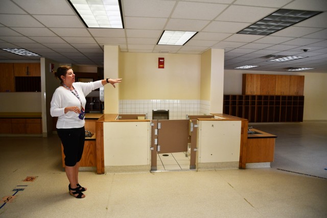 On a tour of the Child Development Center, bldg 744, and the future home of Fort Polk’s DoD STARBASE program, Tiffany Koch, Fort Polk’s school liaison officer, points out areas in a classroom that will be demolished to make the area one large centralized classroom for students to gather in and work on projects.  
