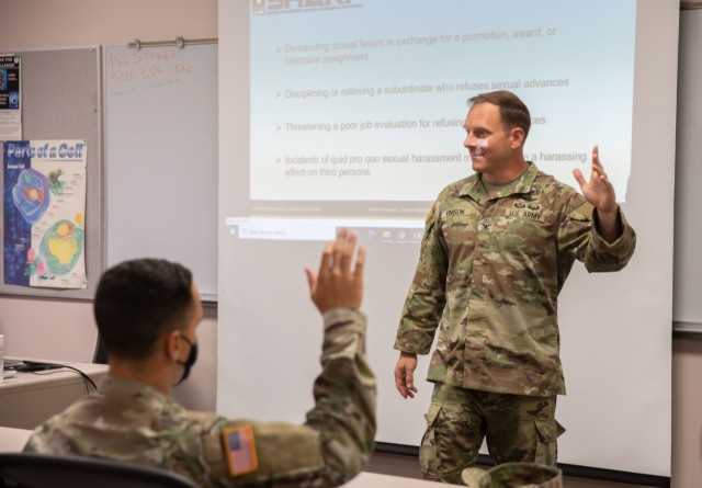 Col. D. Shane Finison, the 16th Combat Aviation Brigade commander, speaks during the 16th CAB Sexual Harassment/Assault Response and Prevention Ambassador course at Stone Education Center, Joint Base Lewis-McChord, Wash., June 1, 2021. The SHARP Ambassador course provided Soldiers across the formation with necessary training and resources to prevent and respond to SHARP incidents as a first line of defense and build a culture of trust, dignity, and respect within the ranks.