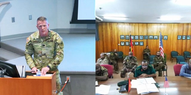 Lt. Col. Brion Aderman, Wisconsin National Guard director of domestic operations, talks about disaster response practices with members of the Papua New Guinea Defense Force May 26, 2021, during a virtual, three-day State Partnership Program workshop with Papua New Guinea in Witmer Hall at Joint Force Headquarters in Madison, Wis. The SPP links individual states with armed forces of partner nations around the world to forge mutually beneficial relationships. 