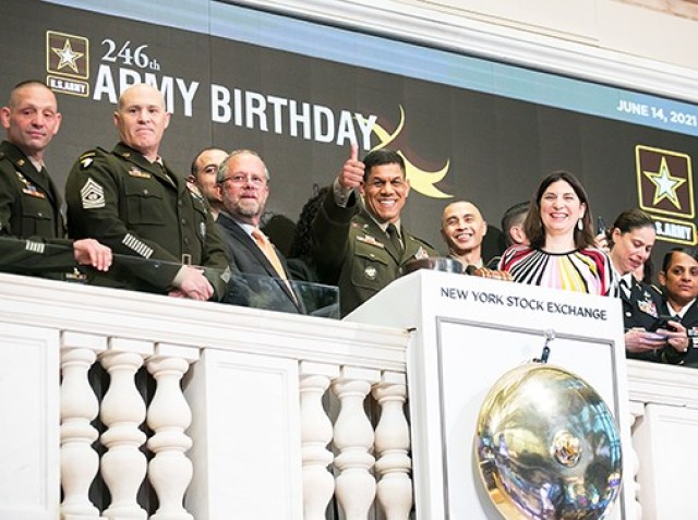 The New York Stock Exchange welcomes soldiers and guests of the U.S. Army in celebration of its 246th Birthday. To honor the occasion, Brig. Gen. Mark Quander, 79th Commandant, U.S. Corps of Cadets U.S. Military Academy, West Point, joined by NYSE...