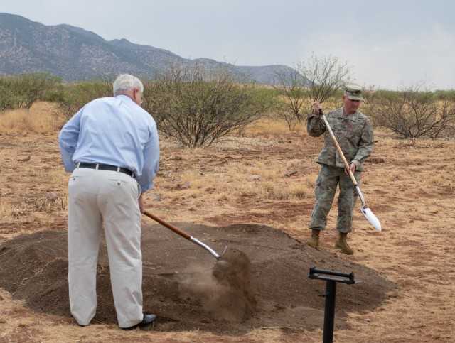 Col. Daniel Martin, commander of the U.S. Army Electronic Proving Ground and Mayor Rick Mueller, City of Sierra Vista, break ground to commemorate the start of a new Military Construction Army Project