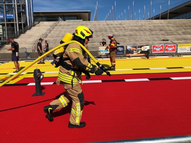 Four U.S. Army Garrison Ansbach firefighters from the Katterbach and Illesheim fire stations participated in the qualifying run for the Firefit Europe Challenge in Hannover, Germany, for the first time June 14, 2021.