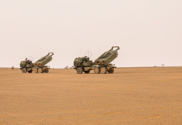 High Mobility Artillery Rocket System crews assigned to Alpha Battery, 1st Battalion, 77th Field Artillery Regiment, 41st Field Artillery Brigade, prepare for a live-fire exercise during African Lion 2021, at Guirer Libouihi Air Base, on June 8,...
