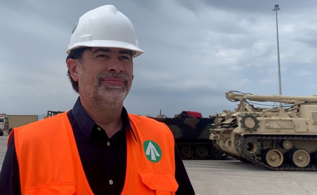 Mr. Michael Pittas, Terminal Manager (US Army) Transportation Corps, Eastern Mediterranean Detachment (Greece), supervises the discharge and staging of Army equipment at the port in Alexandroupoli, Greece.