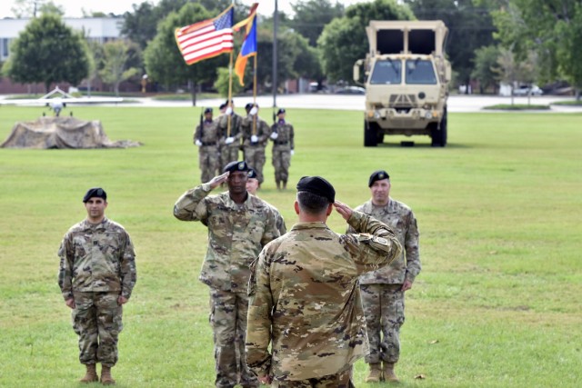 U.S. Army Col. Richard P. Tucker receives his first salute as a brigade commander during the 1st Aviation Brigade change of command ceremony at Fort Rucker, Alabama, June 18, 2021. (U.S. Army photo by Lt. Col. Andy Thaggard)