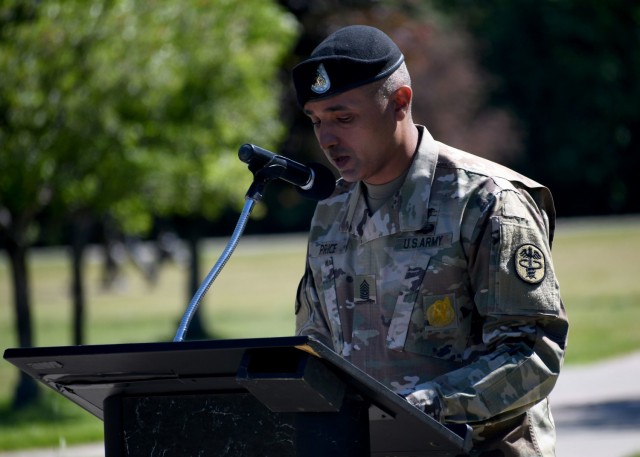 FORT DRUM, N.Y. – Command Sgt. Maj. Eric N. Price, the senior enlisted leader of the Fort Drum Medical Activity, speaks to attendees during his assumption of responsibility ceremony at Fort Drum, N.Y., June 17, 2021.  Price officially assumed responsibility as the MEDDAC’s senior noncommissioned officer during the ceremony and will now serve as the commander’s principal advisor on enlisted matters.  (U.S. Army photo by Warren W. Wright Jr., Fort Drum Medical Activity Public Affairs)