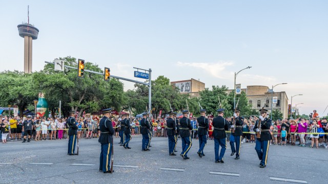 The U.S. Army Drill Team performed during the opening ceremony of Fiesta San Antonio June 17. Lt. Gen. Douglas Gabram, Installation Management Command commanding general, spoke at the event. Photo by Al Rendon.