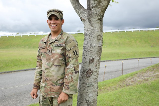 Army Spc. Raul Rivera, an infantryman assigned to 1st Battalion, 28th Infantry “Black Lions,” 3rd Infantry Division, poses for a portrait July 19, 2021, on Camp Fuji, Japan. Since he was a child, Rivera dreamed of serving in the military.