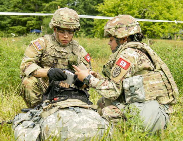 Pfc. DeShawn Russell, a behavioral health specialist assigned to U.S. Army Medical Department Activity - Korea, left, and Sgt. Sofia Guererro, an optician assigned to U.S. Army Medical Department Activity - Korea, right, work as a team during the land navigation event as part of the Regional Health Command - Pacific best leader competition, at Joint Base Lewis-McChord, Wash., June 16, 2021. The second full day of this four-day challenge also included land navigation exercises in addition to constructing individual fighting positions. (U.S. Army photo by Spc. Richard Carlisi, I Corps Public Affairs)