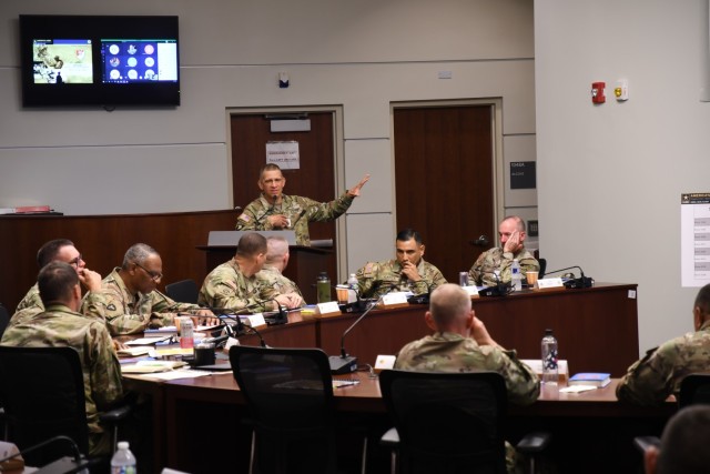 Sgt. Maj. of the Army Michael Grinston address the more than 30 command and nominative sergeants major at the Senior Enlisted Training/Leader Development Forum held at U.S. Army Training and Doctrine Command at Fort Eustis, Va. on June 15, 2021.