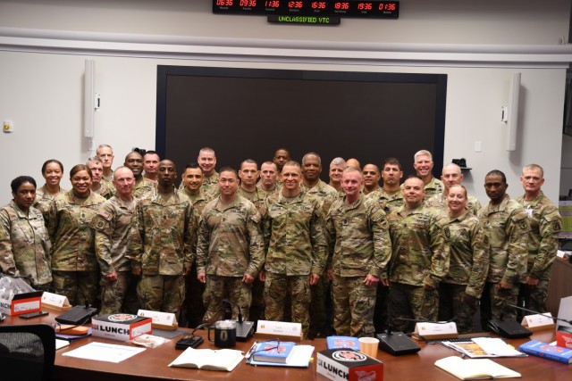 Sgt. Maj. of the Army Michael Grinston with the more than 30 command and nominative sergeants major who attended in person the Senior Enlisted Training/Leader Development Forum held at U.S. Army Training and Doctrine Command at Fort Eustis, Va. on June 15, 2021.
