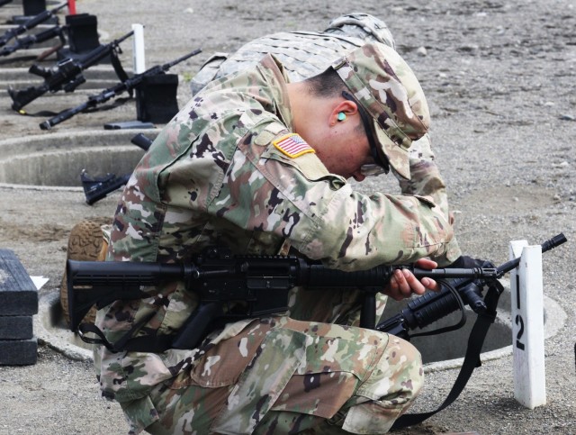 Pfc. Joshua Yi, a radiology specialist assigned to U.S Army Medical Activity-Japan, adjusts the sights on his M-4 carbine during the Regional Health Command-Pacific Best Leader Competition, June 16, 2021, Joint Base Lewis-McChord, Wash. The Best Leader Competition promotes esprit de corps across the Army, while recognizing Soldiers who demonstrate the Army Values and embody the Warrior Ethos. The competition recognizes those Soldiers who possess superb military bearing and communication skills, in-depth knowledge of military subjects, and the ability to perform Soldier and warrior skills at levels above those of their peers. The winners of the competition will represent Regional Health Command-Pacific at the U.S. Army Medical Command Best Leader Competition, July 25-30, in Hawaii.