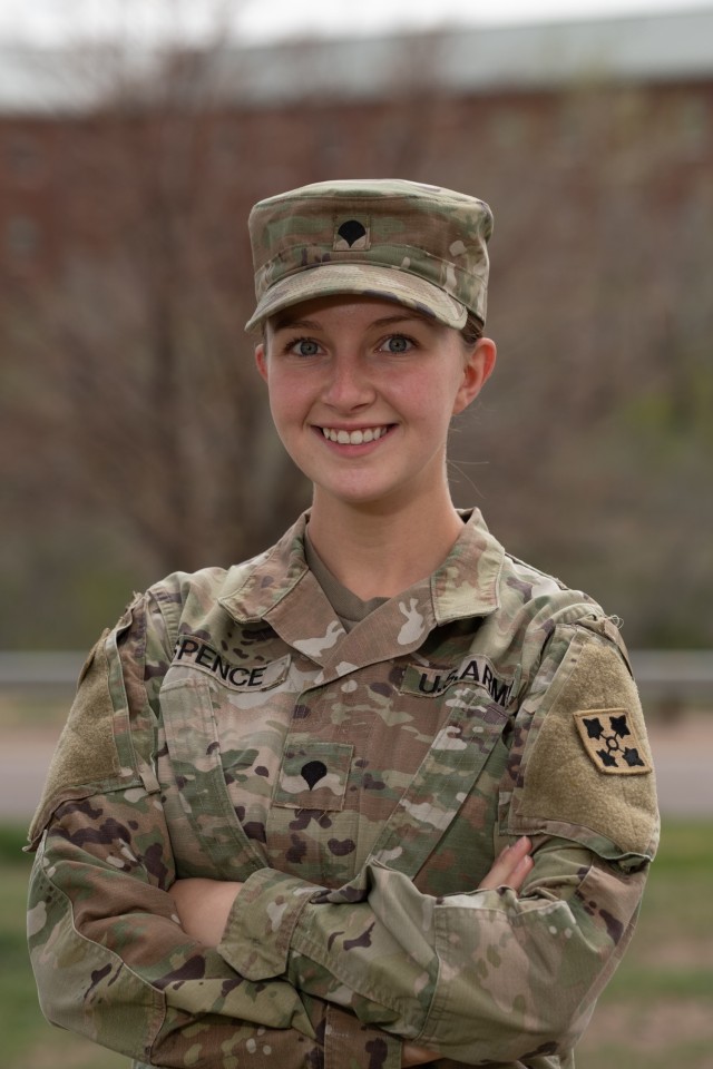 Spc. Maura Spence, an intelligence analyst from Katy, Texas, assigned to Headquarters and Headquarters Company, 2nd Battalion, 23rd Infantry Regiment, 1st Stryker Brigade Combat Team, 4th Infantry Division, stands for a photograph, Fort Carson, Colorado, May 12, 2021. Spence also entered in the Miss Colorado competition, which will occur in June. (U.S. Army photo by Maj. Daniel Parker)