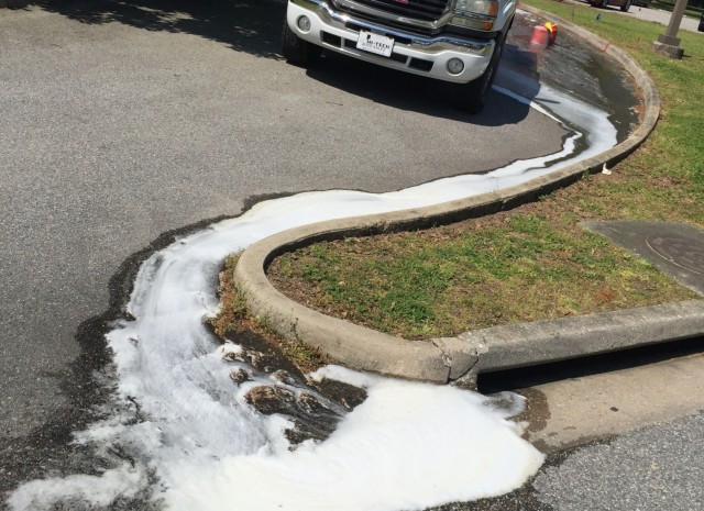 Soap and vehicle grime flows into a Fort Lee storm drain in this recently captured photo. For the protection of the Chesapeake Bay watershed, community members are reminded that “only rain goes down the drain.” All car washing should be...