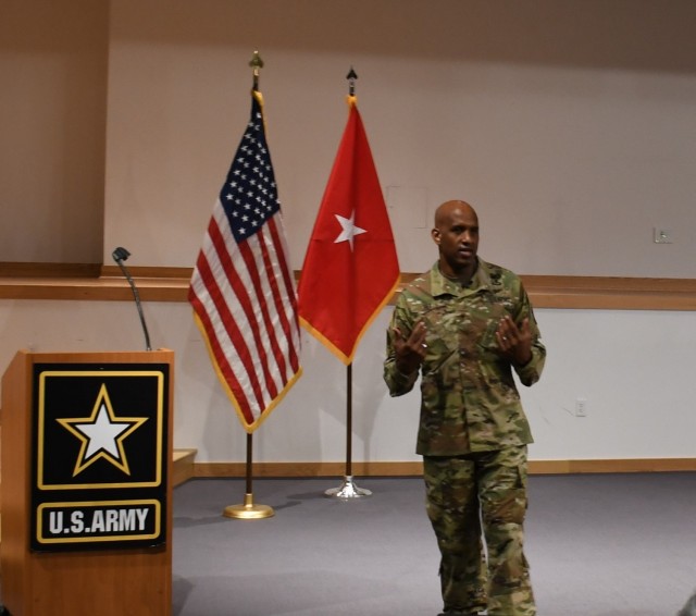 BG Jeth Rey speaks at an introductory town hall with the Network CFT workforce at Aberdeen Proving Ground, Md., on June 21, 2021. Rey said he is looking forward to hearing feedback from the operational force to improve the future network. (U.S. Army photo) 