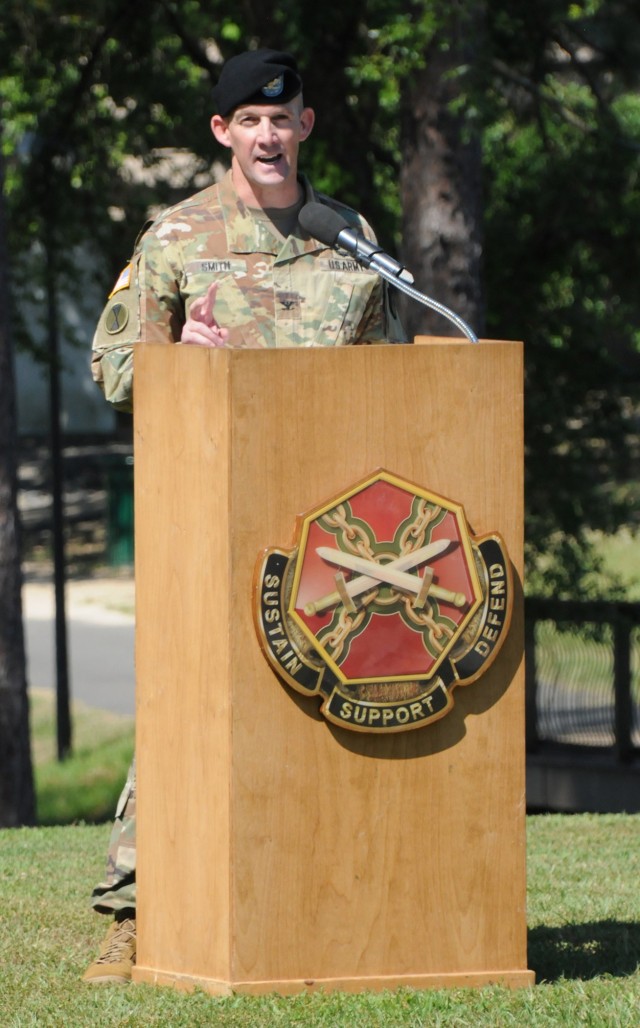 Col. Sam Smith, incoming Fort Polk garrison commander, address those gathered for a change of command ceremony June 18 on Fort Polk's Warrior Field. Smith succeeded Col. Ryan Roseberry.